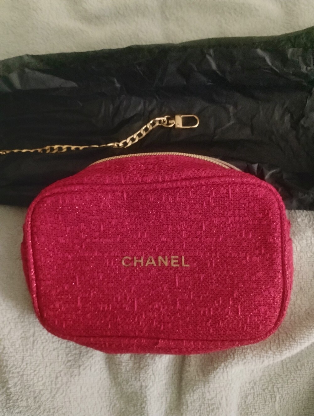 CHANEL Pink Tweed Cosmetic Pouch with Gold Chain